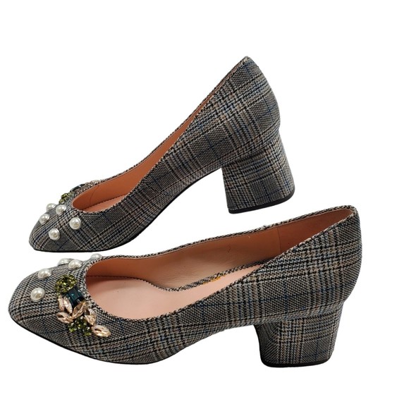 J Crew Celia Pumps Jeweled Glen Plaid Block Heel Plaid Rhinestone Pearl 9.5 - Picture 3 of 13